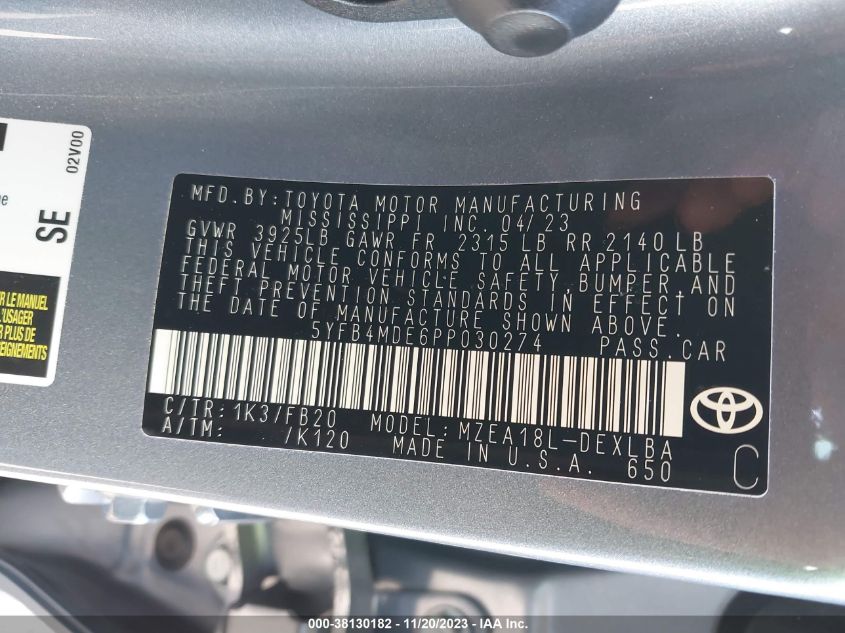 2023 TOYOTA COROLLA LE - 5YFB4MDE6PP030274