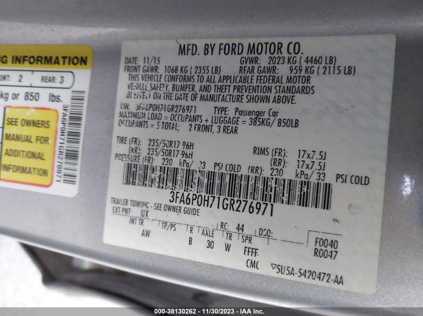 2016 FORD FUSION SE - 3FA6P0H71GR276971