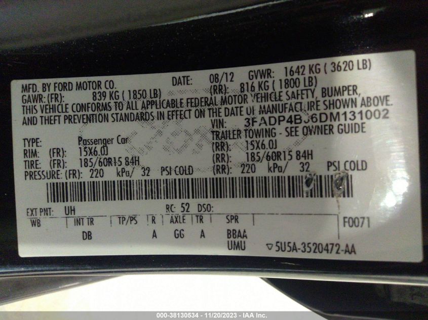 2013 FORD FIESTA SE - 3FADP4BJ6DM131002