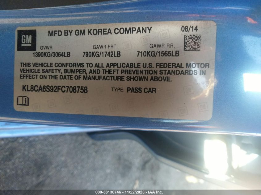 2015 CHEVROLET SPARK LS MANUAL - KL8CA6S92FC708758