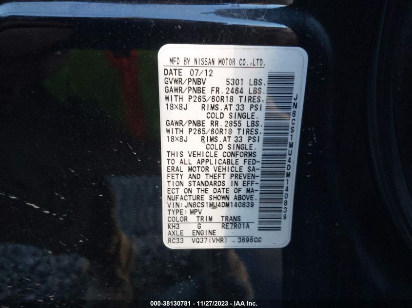 2013 INFINITI FX37 JN8CS1MU4DM140839