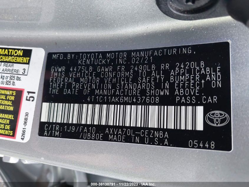 2021 TOYOTA CAMRY LE - 4T1C11AK6MU437608