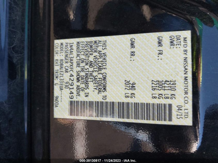 2015 NISSAN ALTIMA 2.5/S/SV/SL - 1N4AL3APXFC429149
