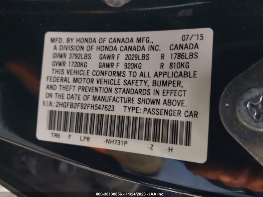 2015 HONDA CIVIC EX-L - 2HGFB2F92FH547623