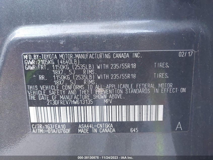VIN 2T3DFREV7HW613135 2017 TOYOTA RAV4 LIMITED/SE/PLATINUM
