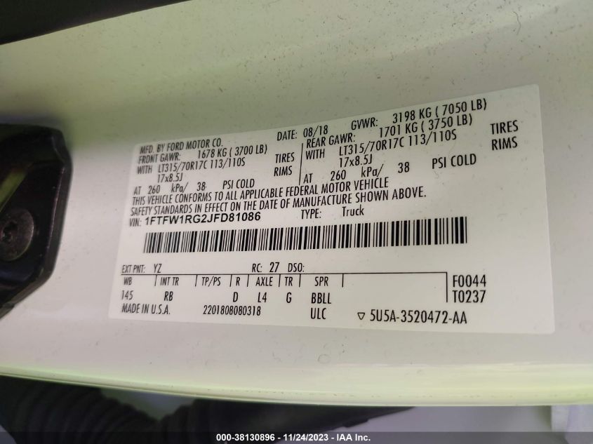 VIN 1FTFW1RG2JFD81086 2018 FORD F-150 RAPTOR