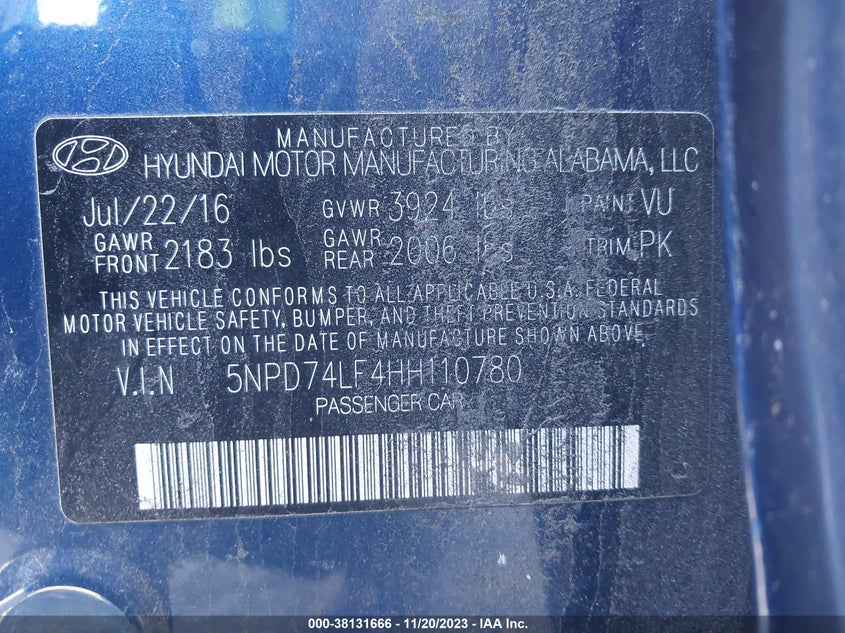 VIN 5NPD74LF4HH110780 2017 HYUNDAI ELANTRA SE