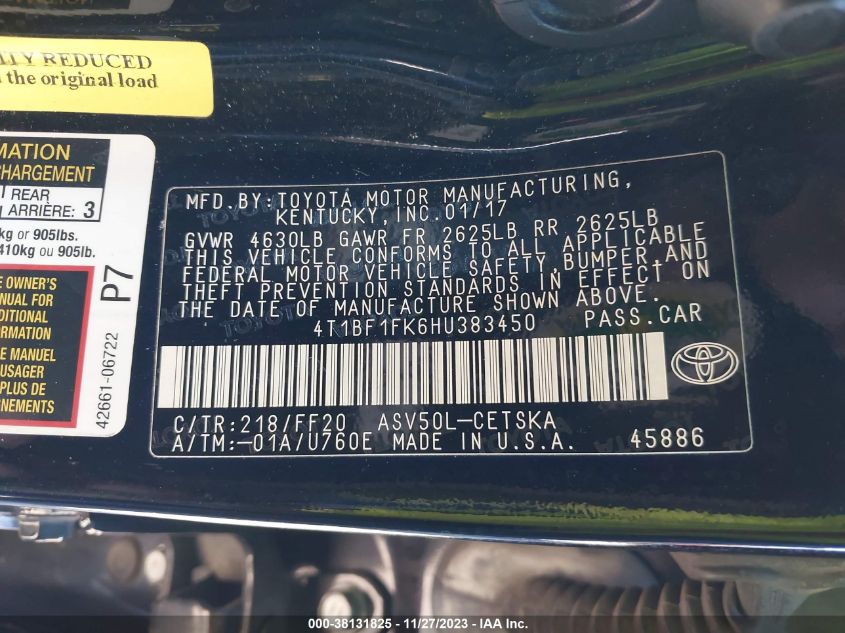 2017 TOYOTA CAMRY SE - 4T1BF1FK6HU383450