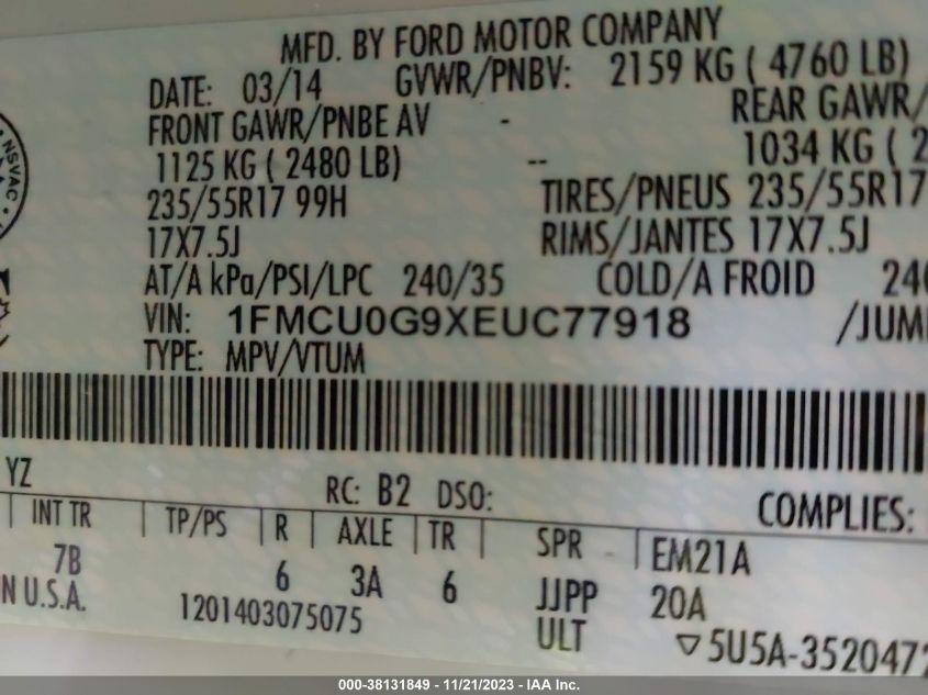 2014 FORD ESCAPE SE - 1FMCU0G9XEUC77918