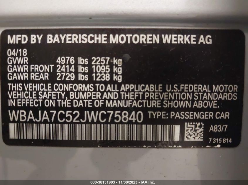 2018 BMW 530I XDRIVE WBAJA7C52JWC75840