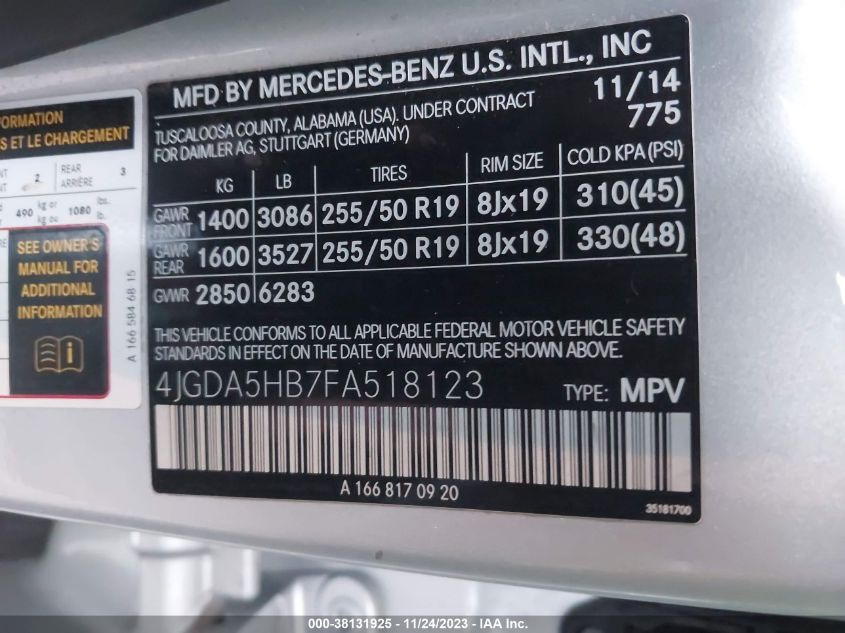 2015 MERCEDES-BENZ ML 350 4JGDA5HB7FA518123