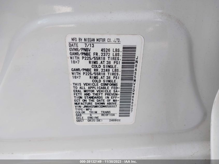 2013 NISSAN ROGUE SV W/SL PKG - JN8AS5MV2DW658007