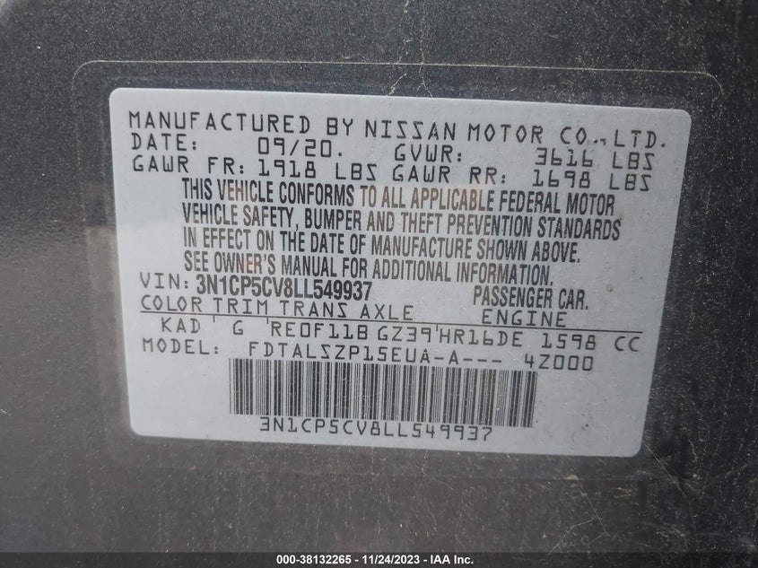 VIN 3N1CP5CV8LL549937 2020 NISSAN KICKS SV