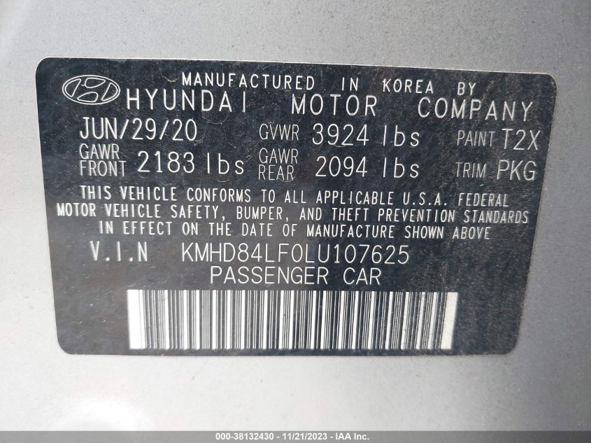 2020 HYUNDAI ELANTRA SEL - KMHD84LF0LU107625