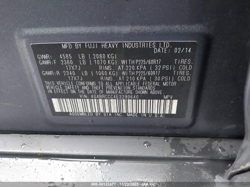 2014 SUBARU OUTBACK 2.5I PREMIUM - 4S4BRCCC4E3290640