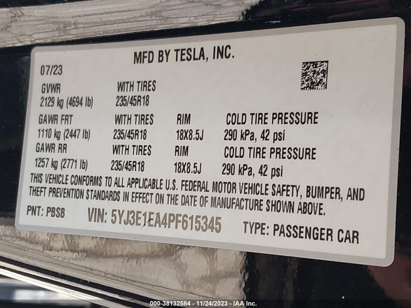 2023 TESLA MODEL 3 - 5YJ3E1EA4PF615345
