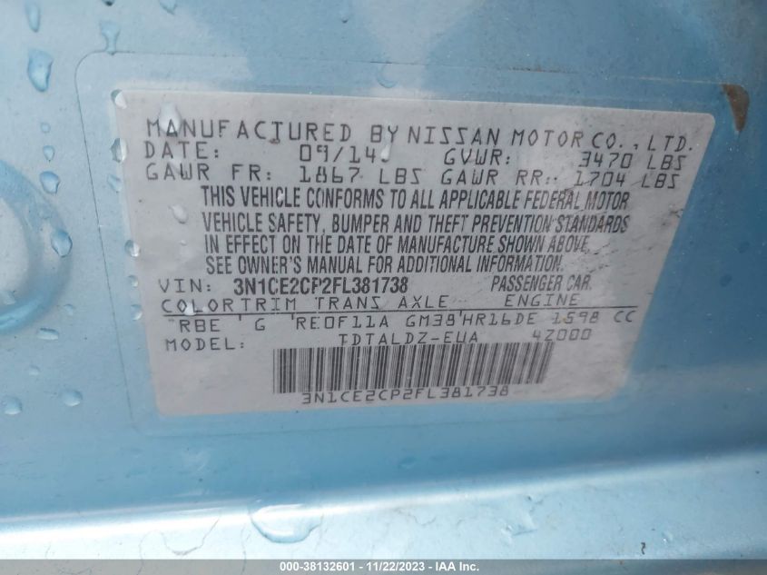2015 NISSAN VERSA NOTE S (SR)/S PLUS/SL/SR/SV - 3N1CE2CP2FL381738