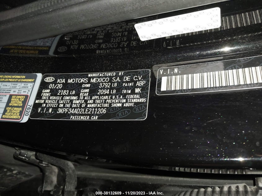 VIN 3KPF34AD2LE211206 2020 KIA FORTE GT LINE/S