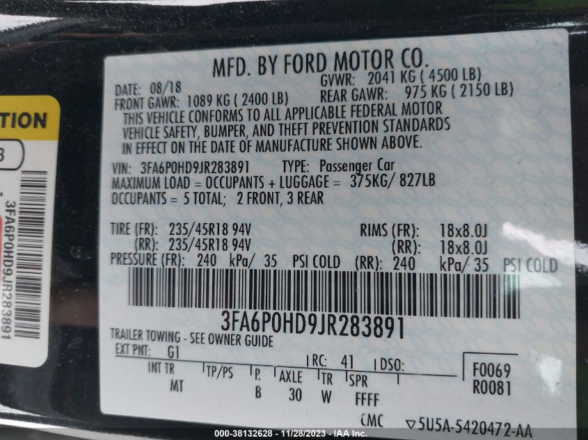 2018 FORD FUSION SE - 3FA6P0HD9JR283891