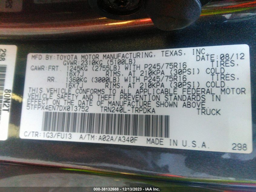 2013 TOYOTA TACOMA - 5TFPX4EN7DX013752