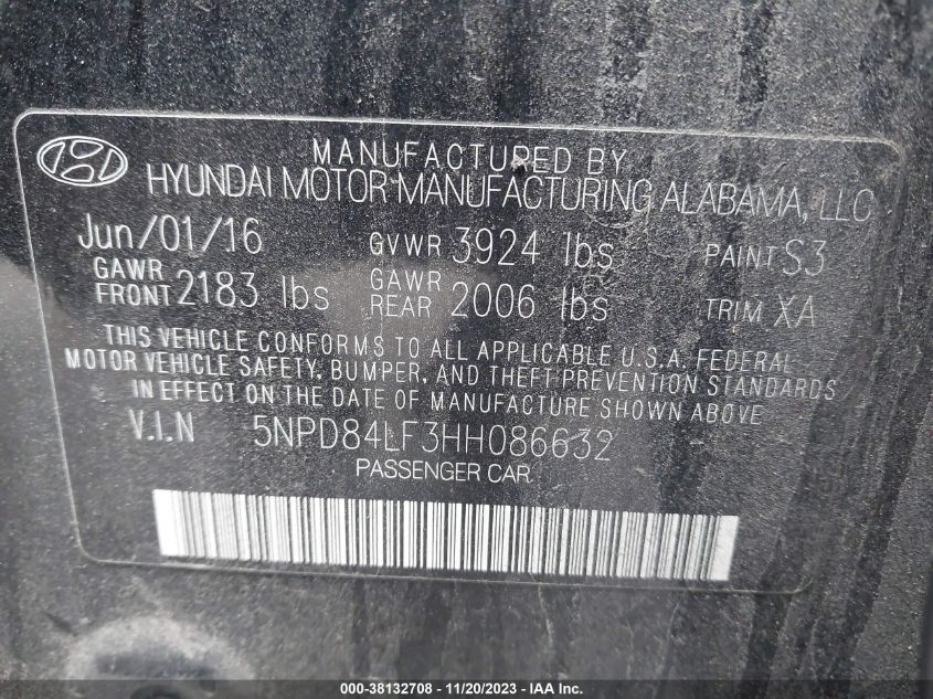 2017 HYUNDAI ELANTRA LIMITED - 5NPD84LF3HH086632