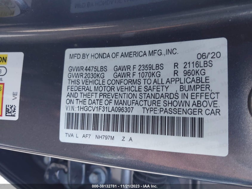 VIN 1HGCV1F31LA096307 2020 HONDA ACCORD SPORT