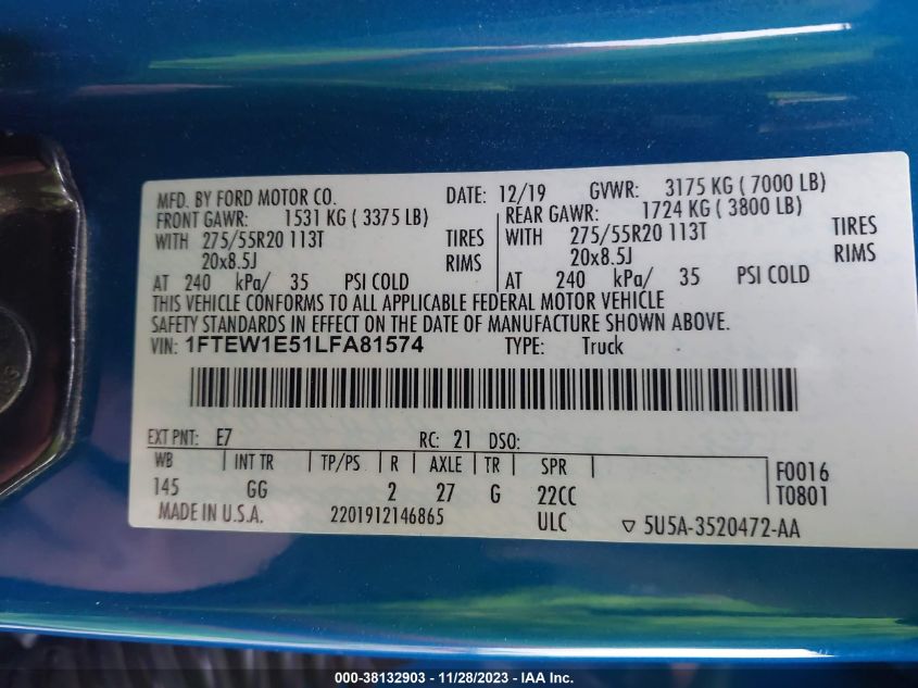 2020 FORD F-150 XL - 1FTEW1E51LFA81574