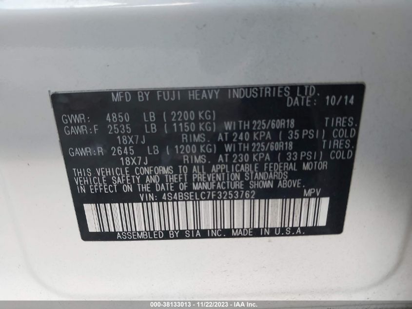 2015 SUBARU OUTBACK 3.6R LIMITED - 4S4BSELC7F3253762