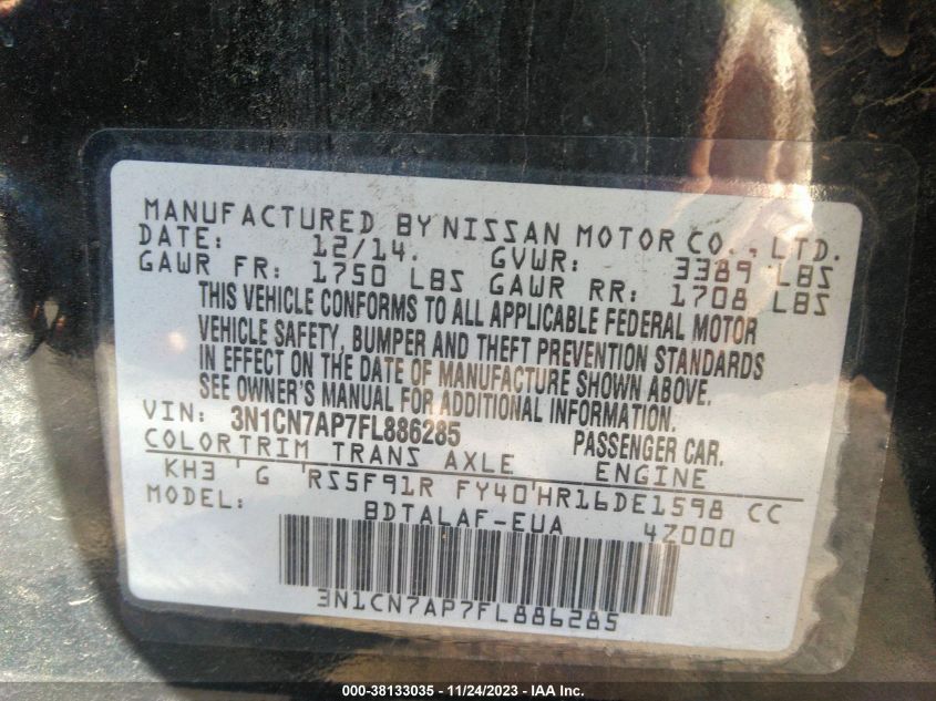 2015 NISSAN VERSA S/S PLUS/SV/SL - 3N1CN7AP7FL886285