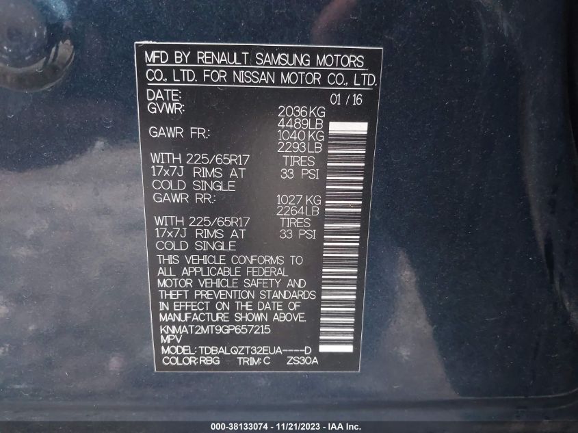 2016 NISSAN ROGUE SV - KNMAT2MT9GP657215