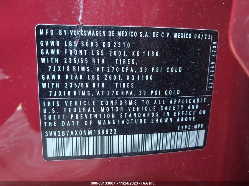 VIN 3VV2B7AX0NM168623 2022 VOLKSWAGEN TIGUAN SE