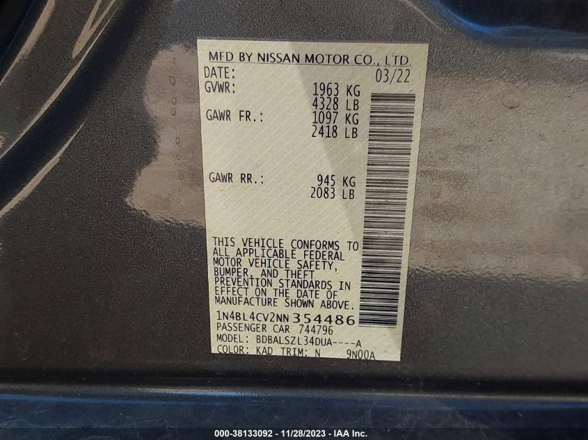 2022 NISSAN ALTIMA SR - 1N4BL4CV2NN354486
