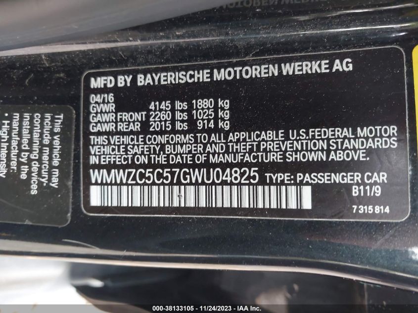 2016 MINI COUNTRYMAN COOPER S WMWZC5C57GWU04825