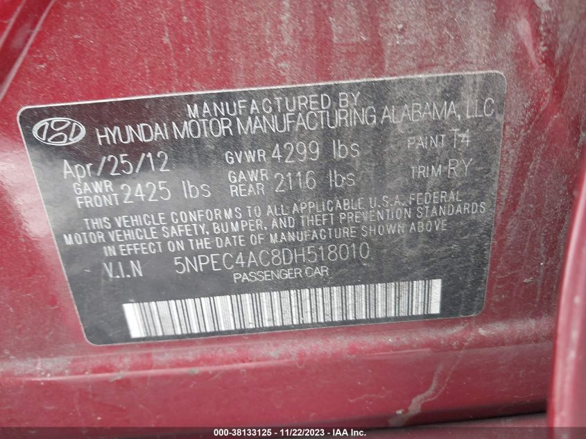 2013 HYUNDAI SONATA SE - 5NPEC4AC8DH518010
