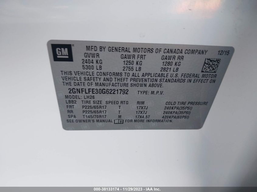 2016 CHEVROLET EQUINOX LT - 2GNFLFE30G6221792