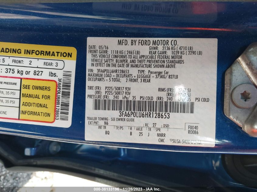 2017 FORD FUSION HYBRID SE - 3FA6P0LU6HR128653