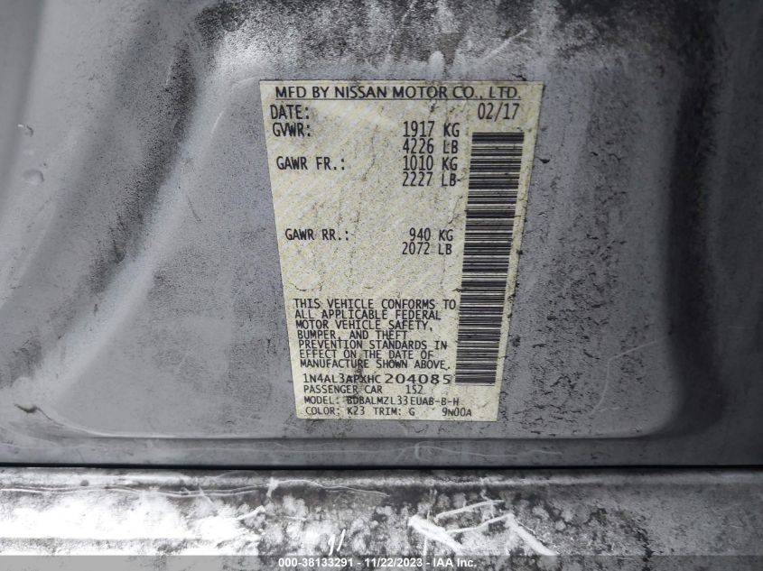 2017 NISSAN ALTIMA 2.5 SV - 1N4AL3APXHC204085
