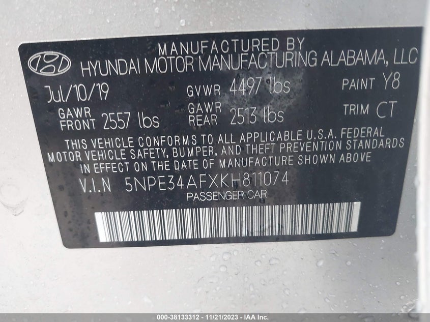 VIN 5NPE34AFXKH811074 2019 HYUNDAI SONATA SPORT
