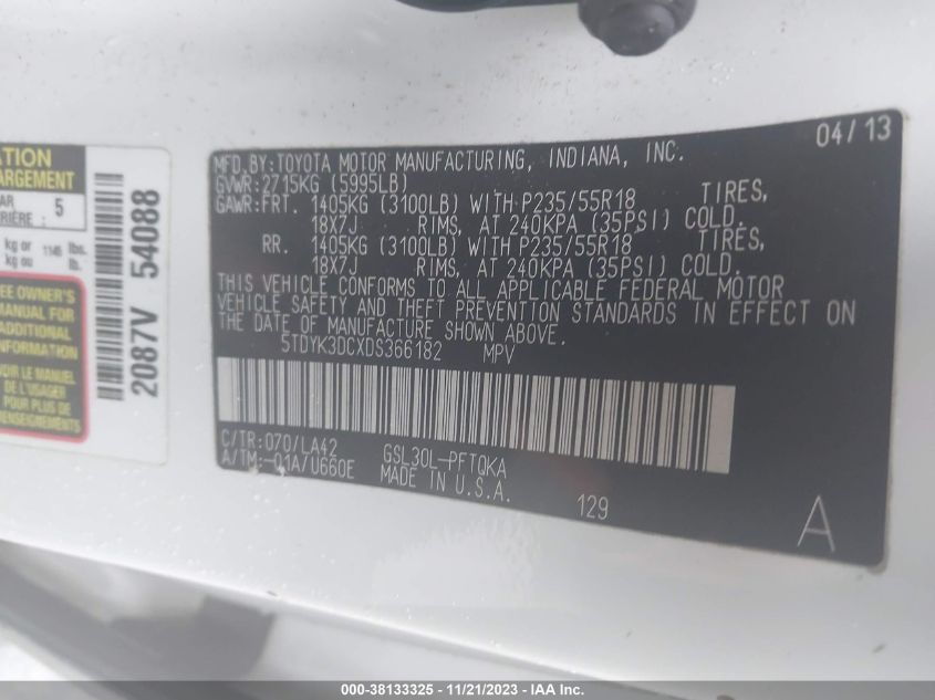 2013 TOYOTA SIENNA LIMITED V6 7 PASSENGER - 5TDYK3DCXDS366182