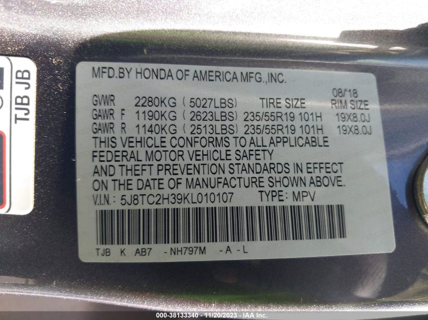 2019 ACURA RDX STANDARD - 5J8TC2H39KL010107