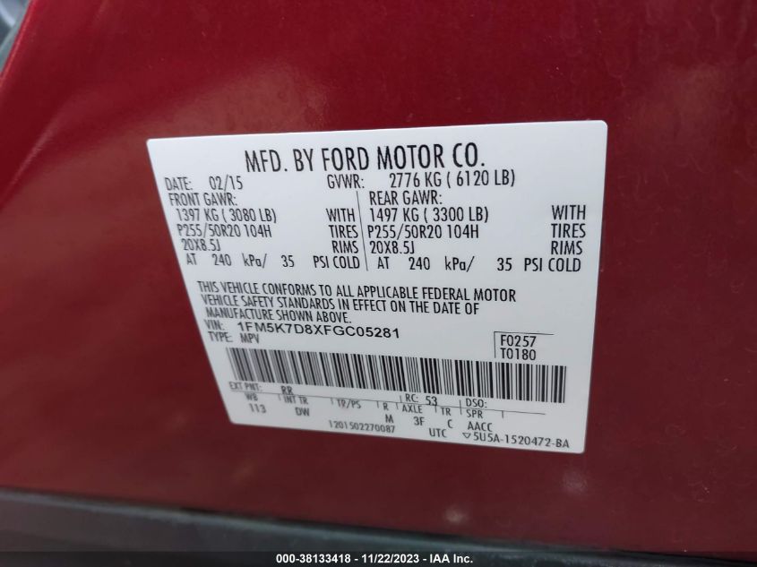 2015 FORD EXPLORER XLT - 1FM5K7D8XFGC05281