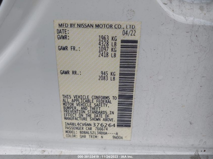 2022 NISSAN ALTIMA SR - 1N4BL4CV6NN376264
