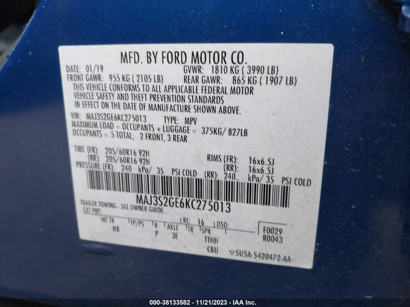 VIN MAJ3S2GE6KC275013 2019 FORD ECOSPORT SE