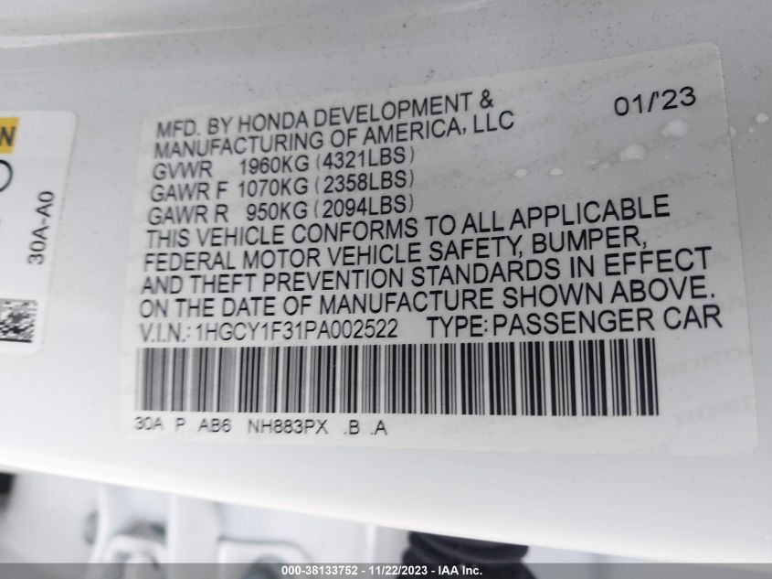 2023 HONDA ACCORD EX - 1HGCY1F31PA002522
