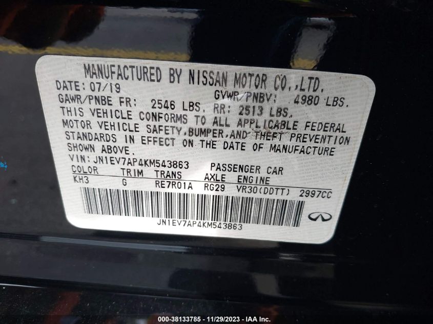 2019 INFINITI Q50 LUXE/SPORT/SIGNATURE EDIT - JN1EV7AP4KM543863