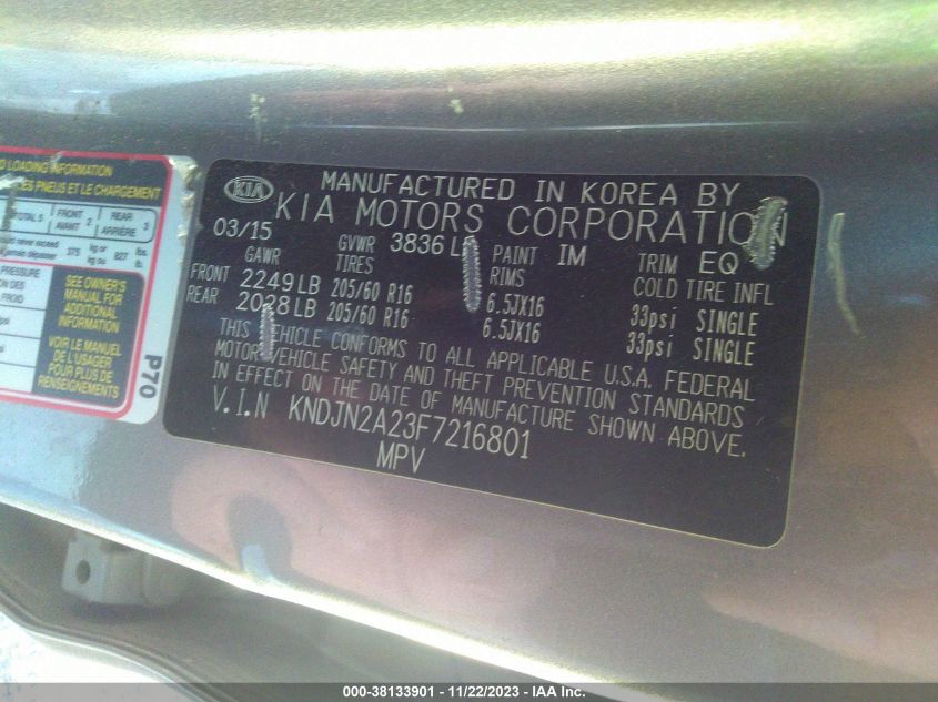 2015 KIA SOUL BASE - KNDJN2A23F7216801