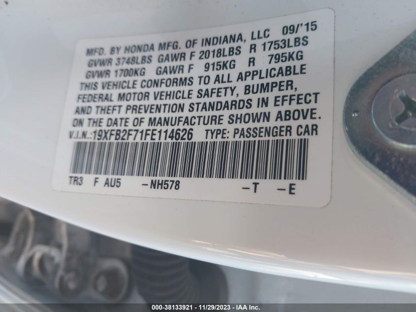 2015 HONDA CIVIC SE - 19XFB2F71FE114626