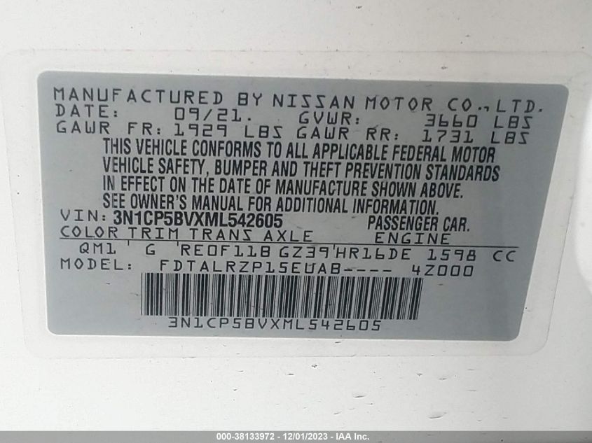 2021 NISSAN KICKS S XTRONIC CVT - 3N1CP5BVXML542605