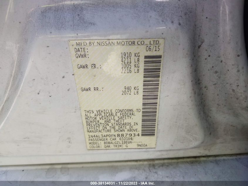 2015 NISSAN ALTIMA 2.5/2.5 S/2.5 SL/2.5 SV - 1N4AL3AP0FN887934