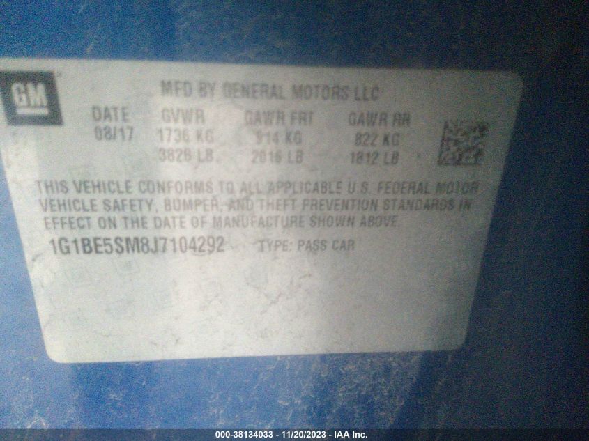 2018 CHEVROLET CRUZE LT AUTO - 1G1BE5SM8J7104292